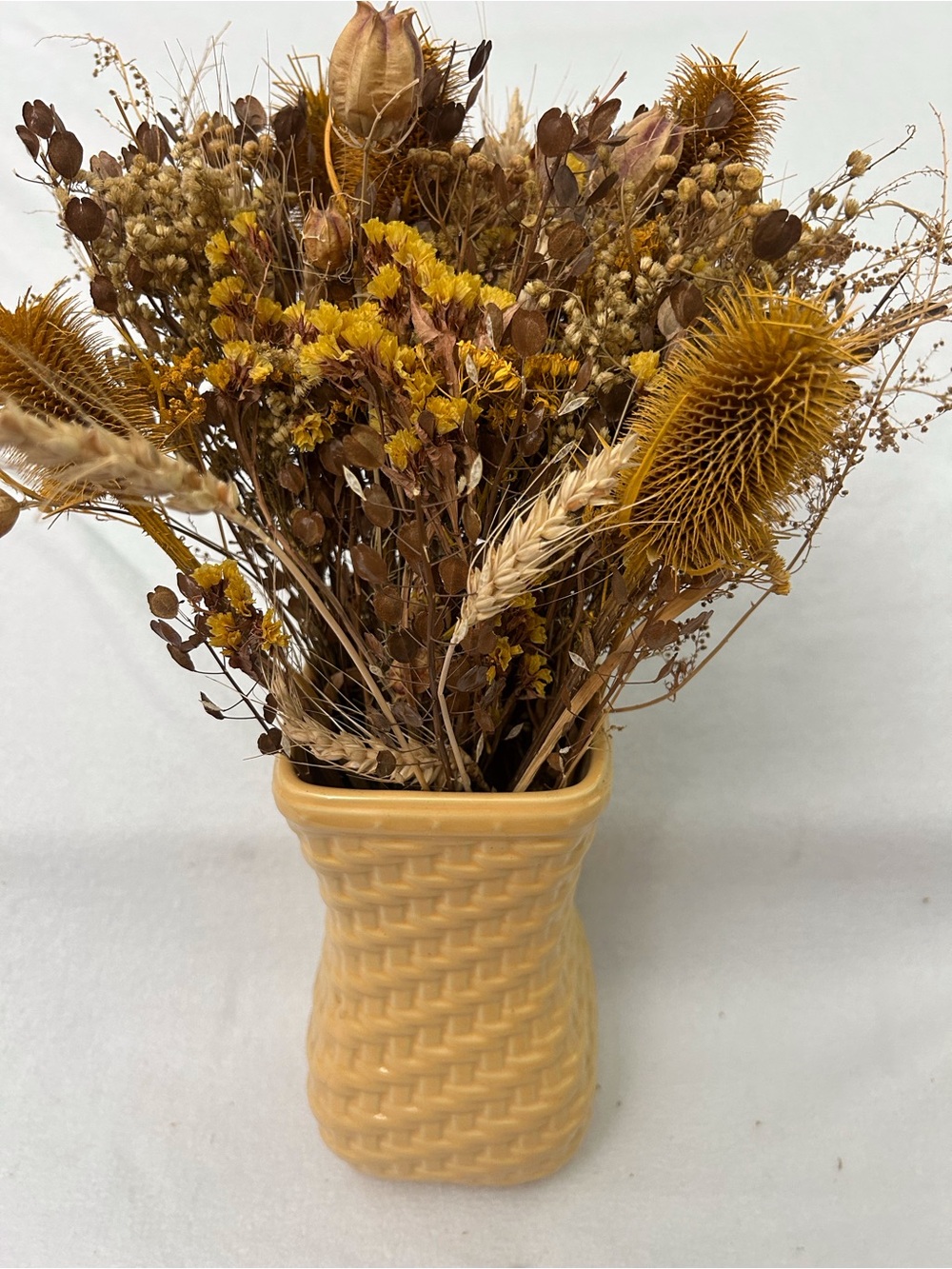 Longaberger Yellow Ceramic Basketweave Vase with Dried Wildflower Bouquet